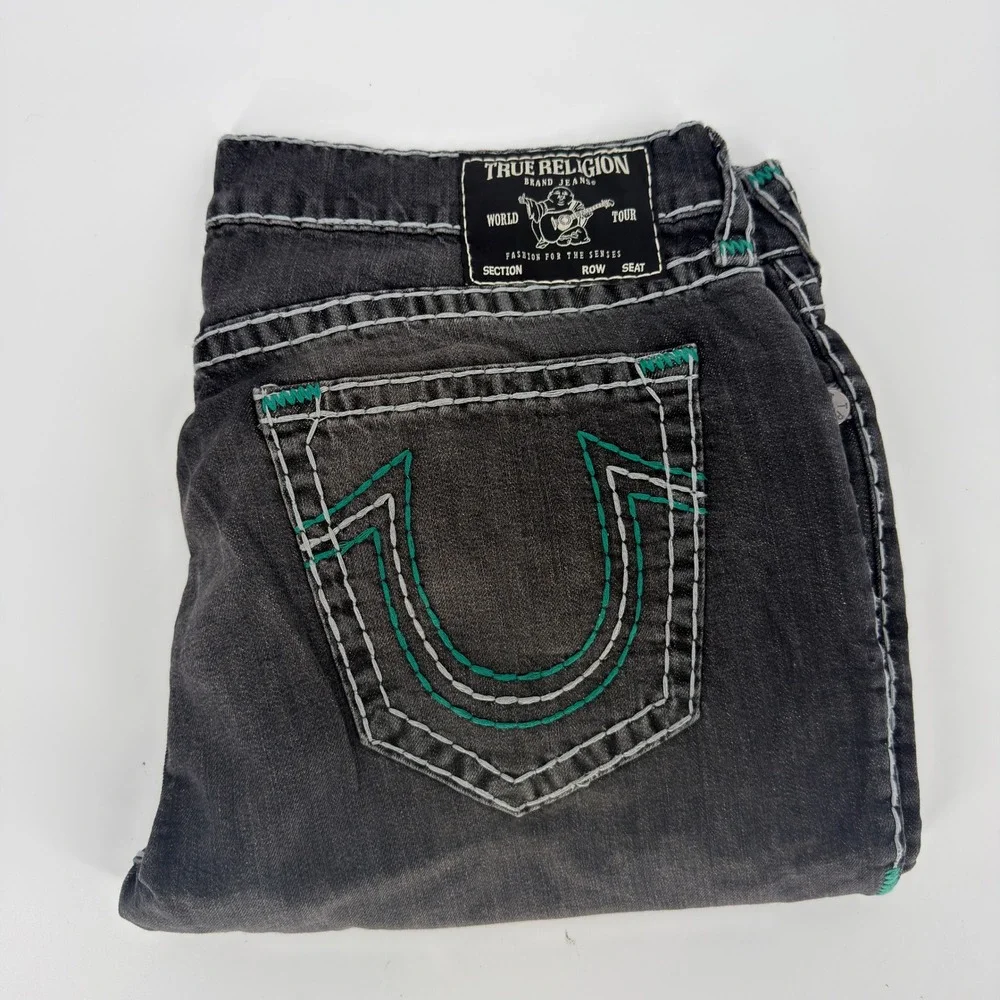 True Religion Ricky Relaxed Straight Jeans Mens 40 Black Green Big T Stitch NWOT